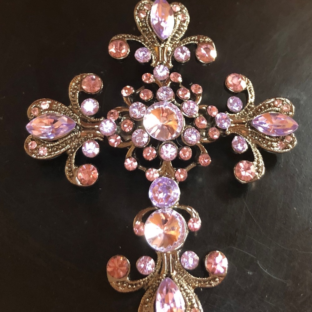 Vtge Pink & Lilac Rhinestone Cross Brooch - Picture 3 of 6